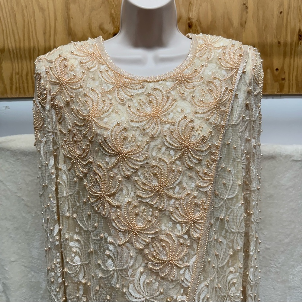 Scala Vintage beaded midi dress women’s 1x champagne mother of bride long sleeve - Picture 2 of 16